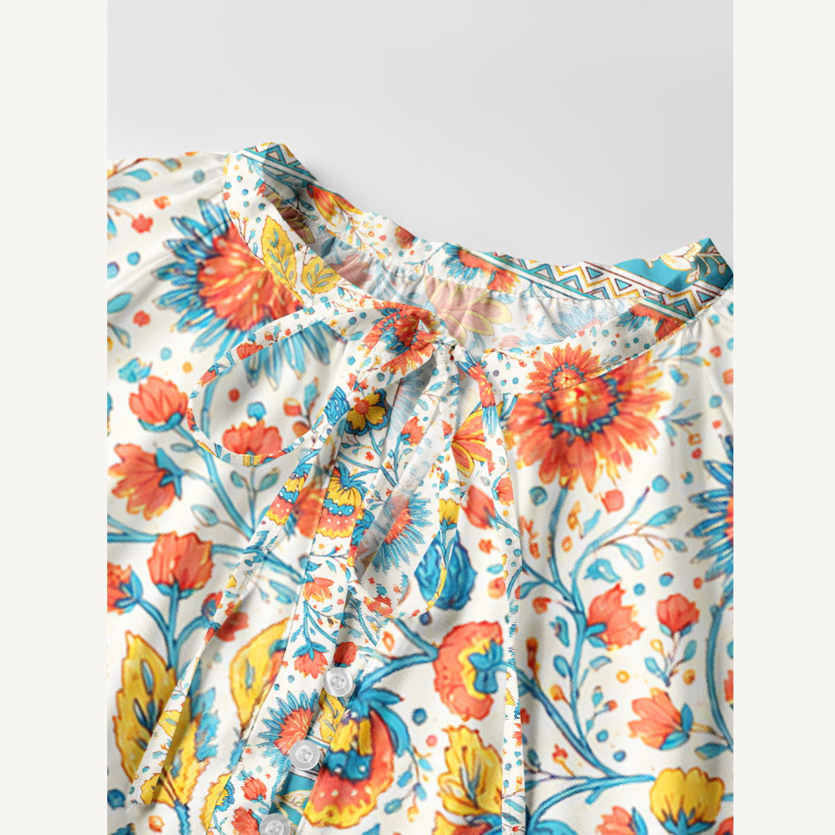 Moroccan Garden Pattern Tie‑Neck Long Sleeve Mini Dress