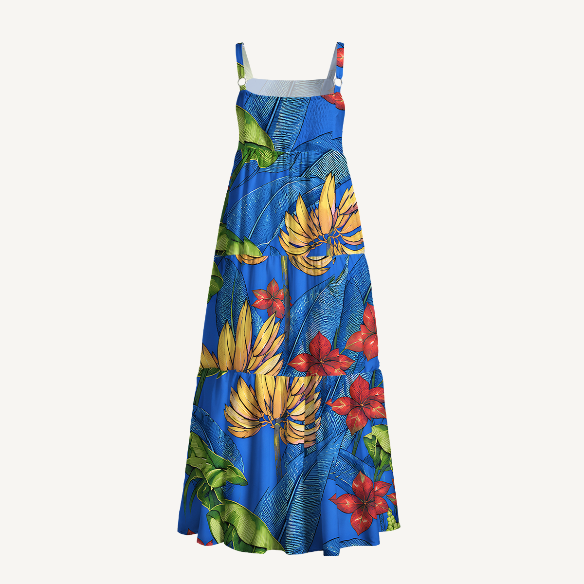 Tropical Bananas & Flowers on Blue Wide Straps Maxi Dress With Pockets