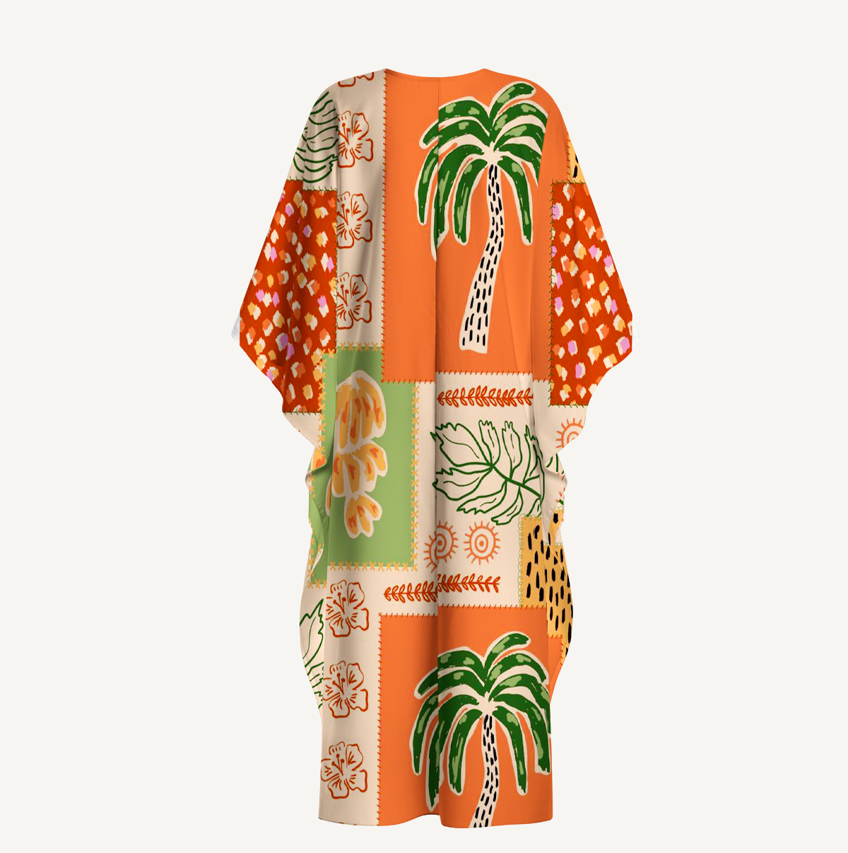 Boho Palm & Hibiscus Print Kimono Sleeve Kaftan Dress