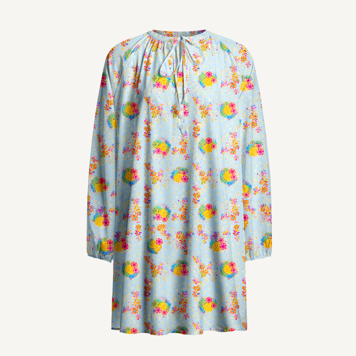 Sky Garden Blossoms Tie‑Neck Long Sleeve Mini Dress