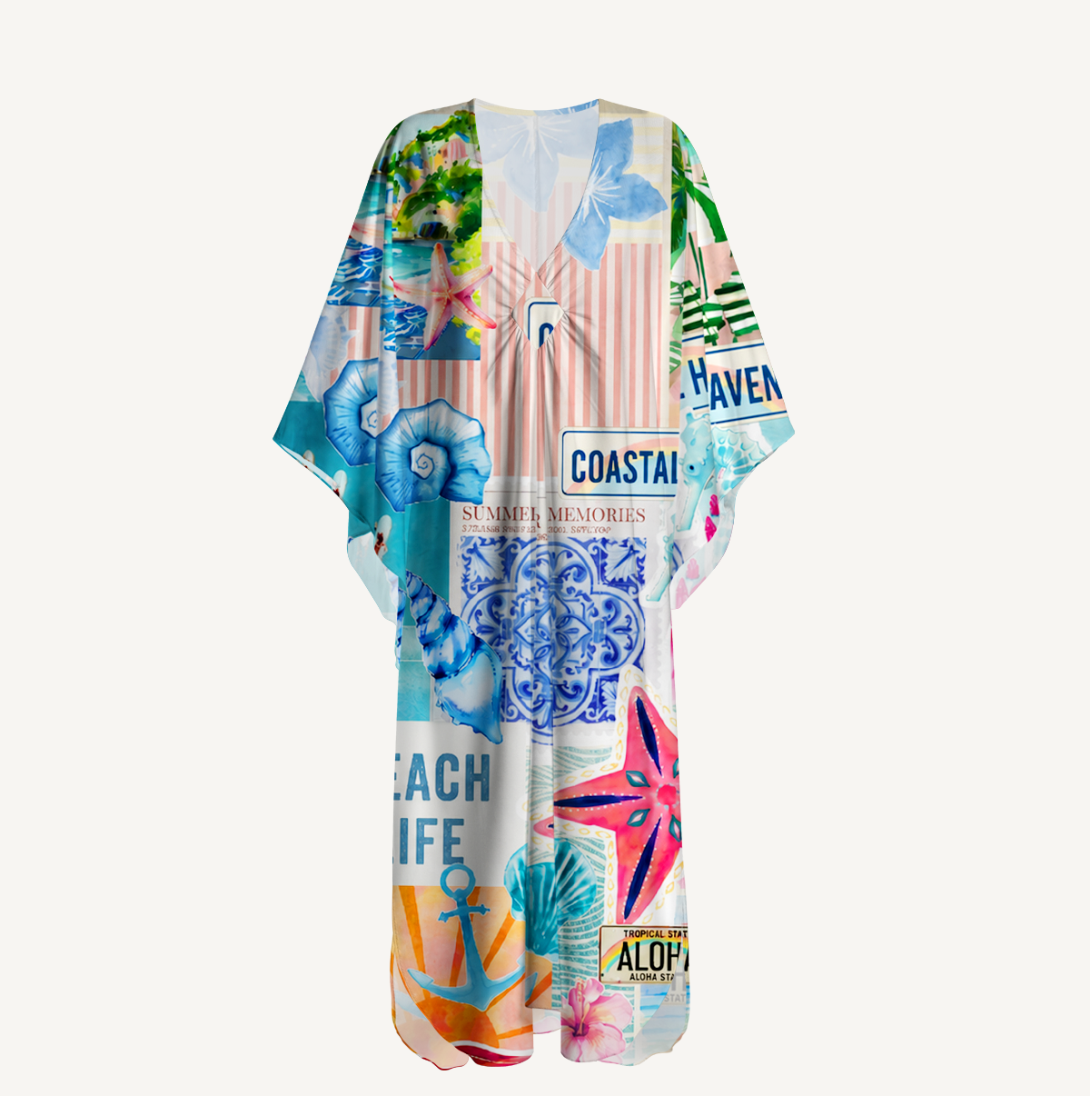 Coastal Collage Kimono Sleeve Kaftan Dress