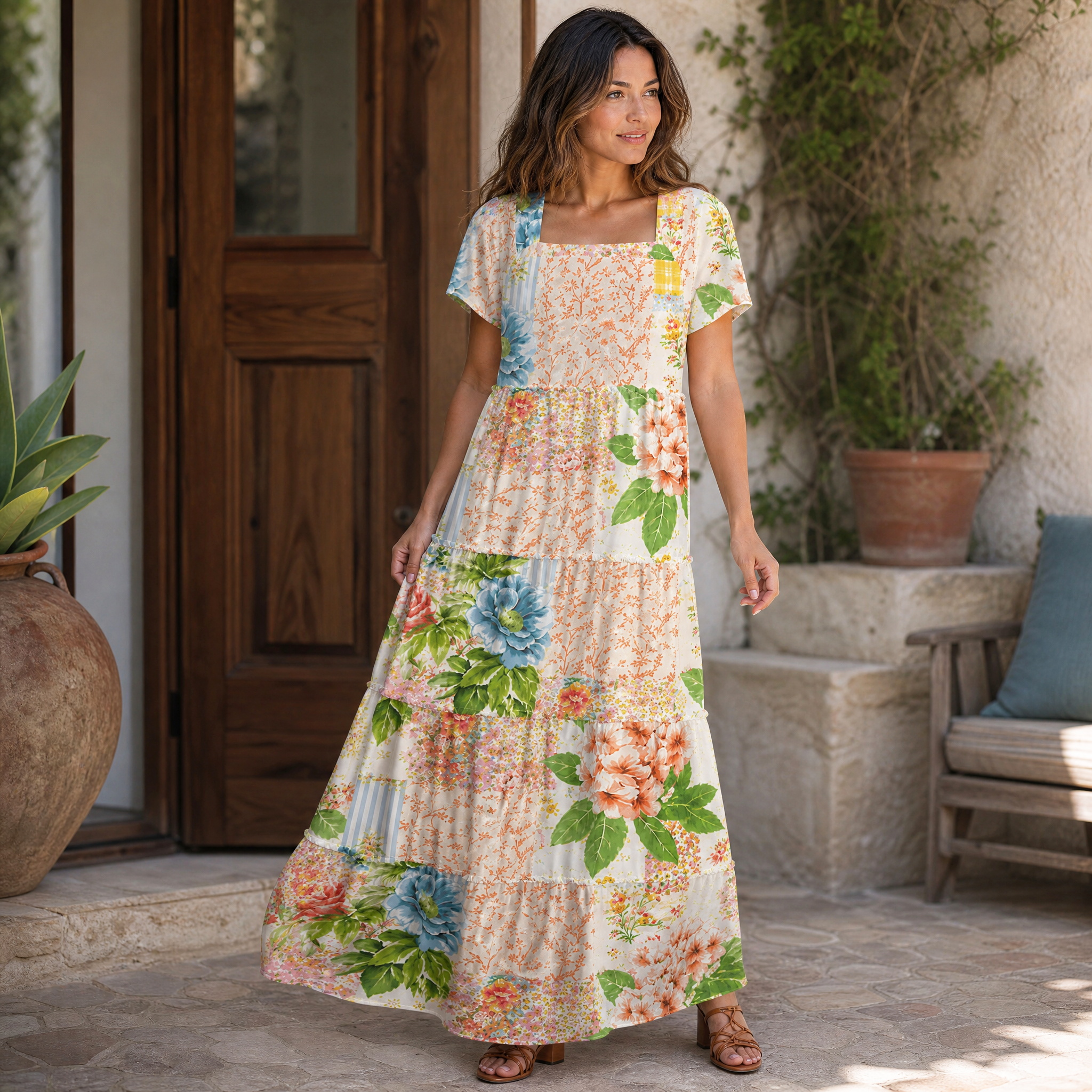 Vintage Cottage Garden Quilt Square Neckline Cap Sleeve Maxi Dress