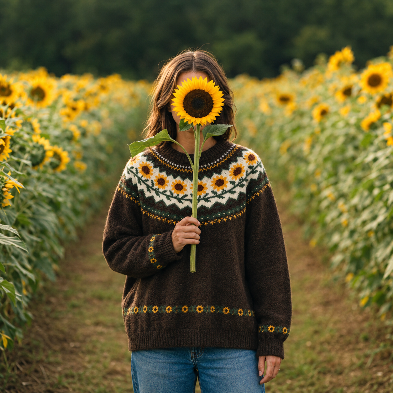 Sunflower Harvest Meadow Fuzzy Crewneck Sweater
