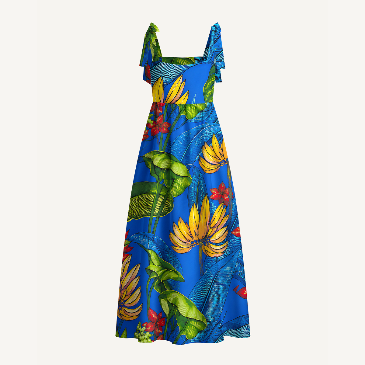 Tropical Bananas & Flowers on Blue Bow Strap Maxi Dress