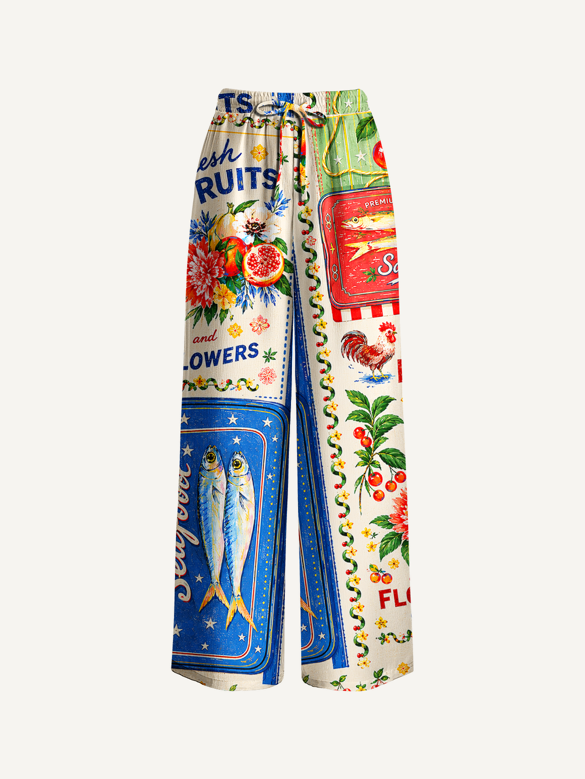 Fruits, Flowers & Fish Feast Wide Leg Tie Waist Pants With Pockets