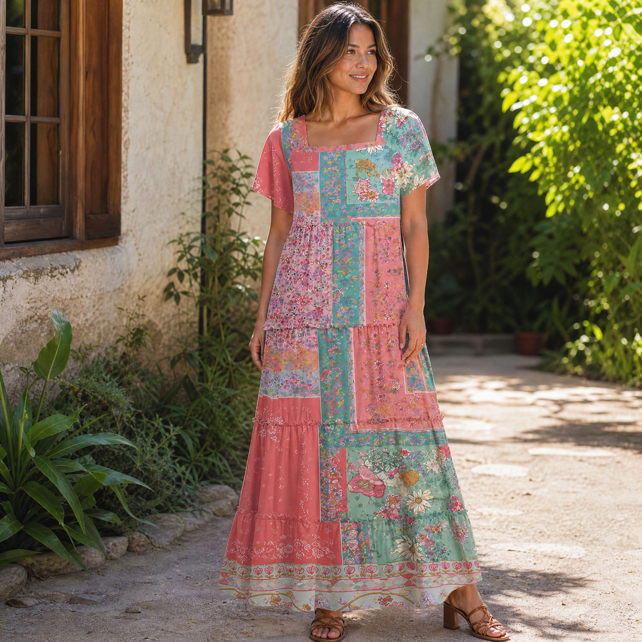 Coral Patchwork Garden Square Neckline Cap Sleeve Maxi Dress