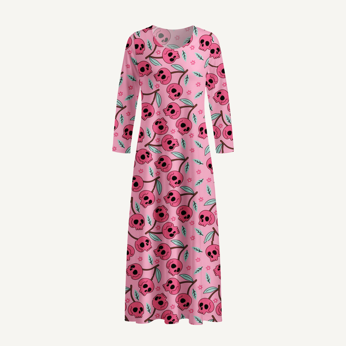 Pink Skull Blossom Halloween Long Sleeve Maxi Dress with Pockets