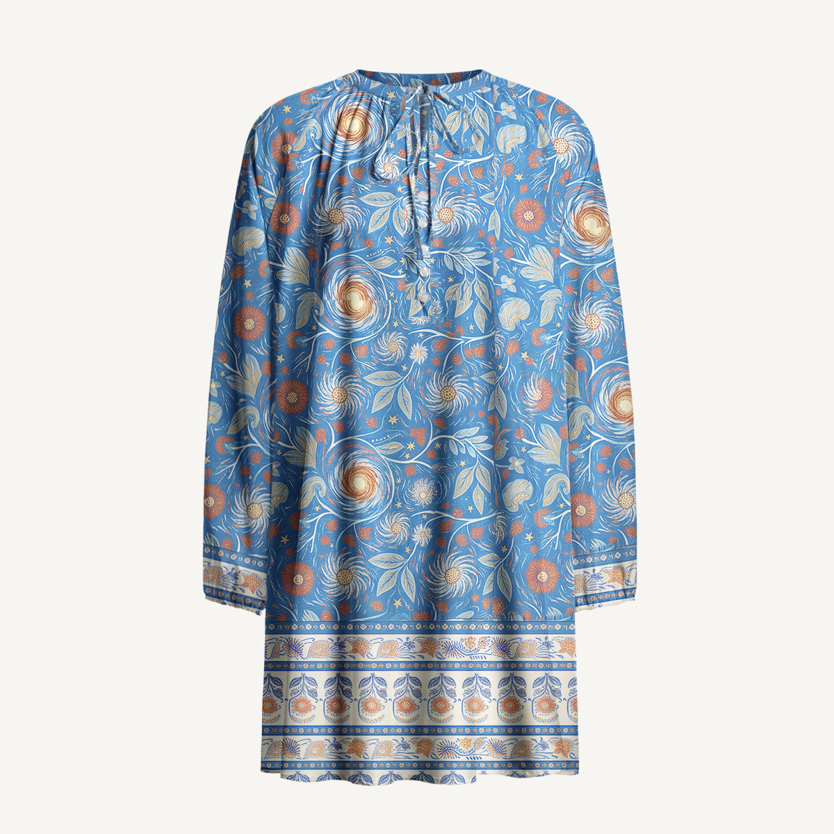 Starry Night Swirl Floral Boho Long Sleeve Mini Dress