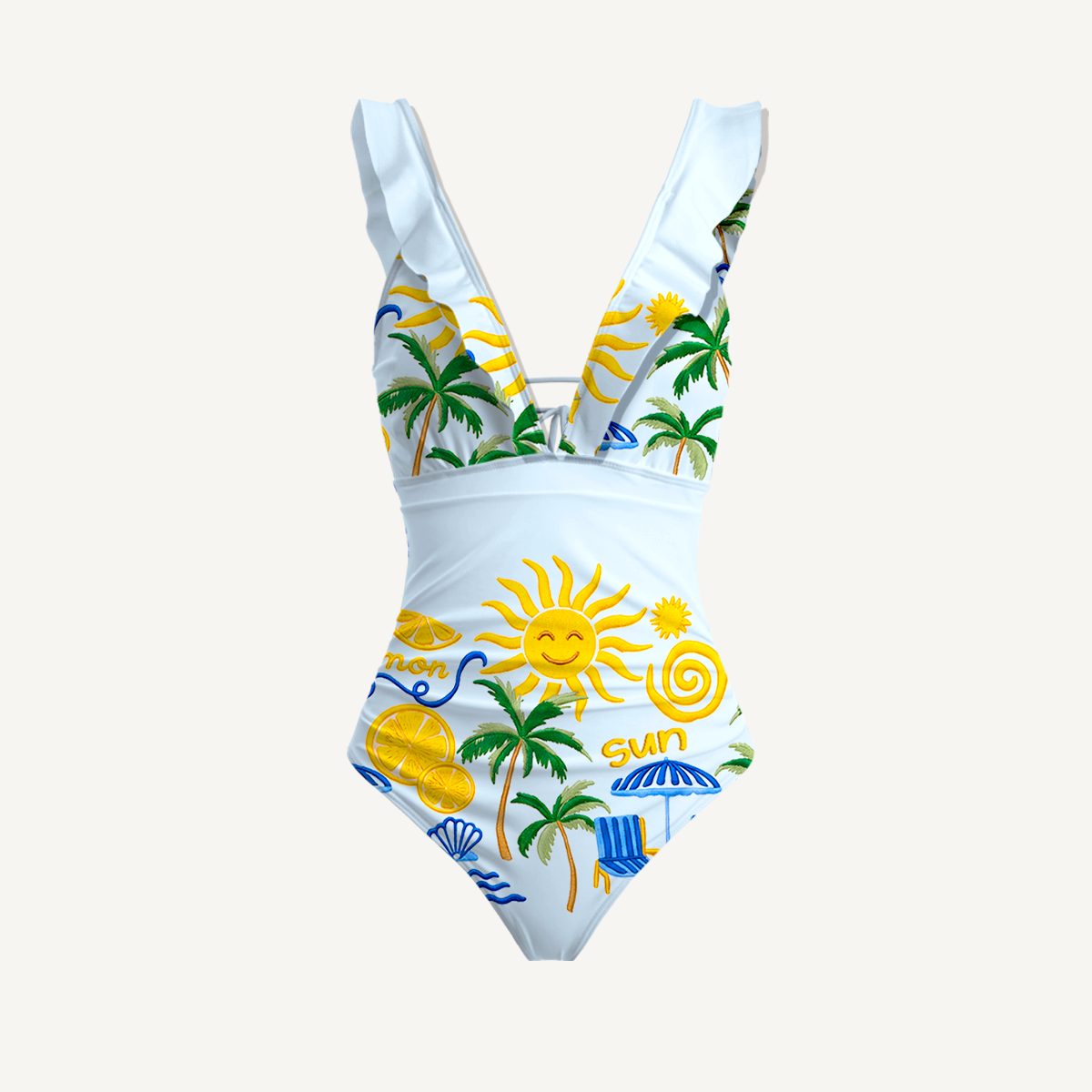 Lemon & Palm Beach Ruffled V Neck One Piece Swimsuit and Matching Midi Skirt Set