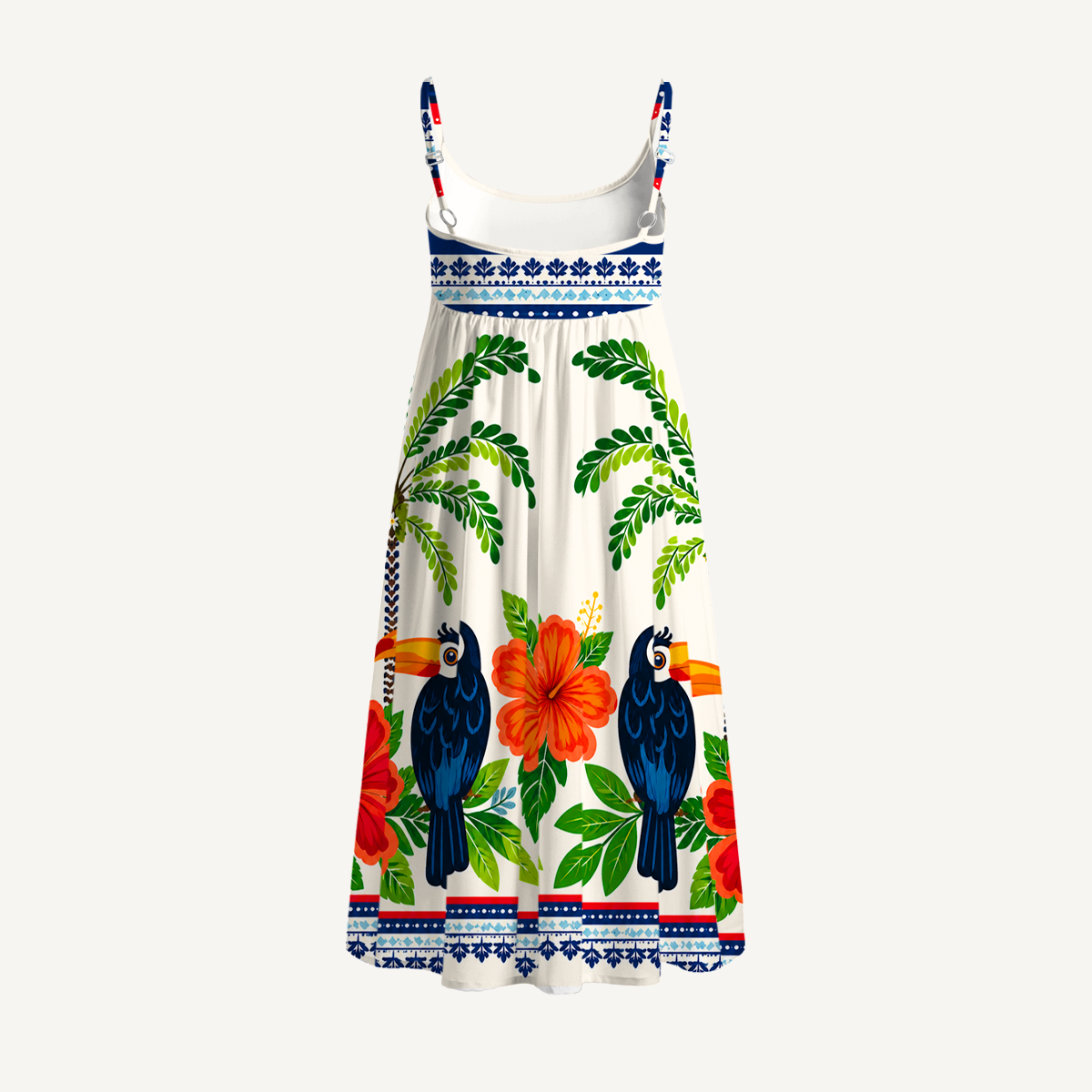 Vibrant Tropical Toucan Print Spaghetti Strap Mini Dress