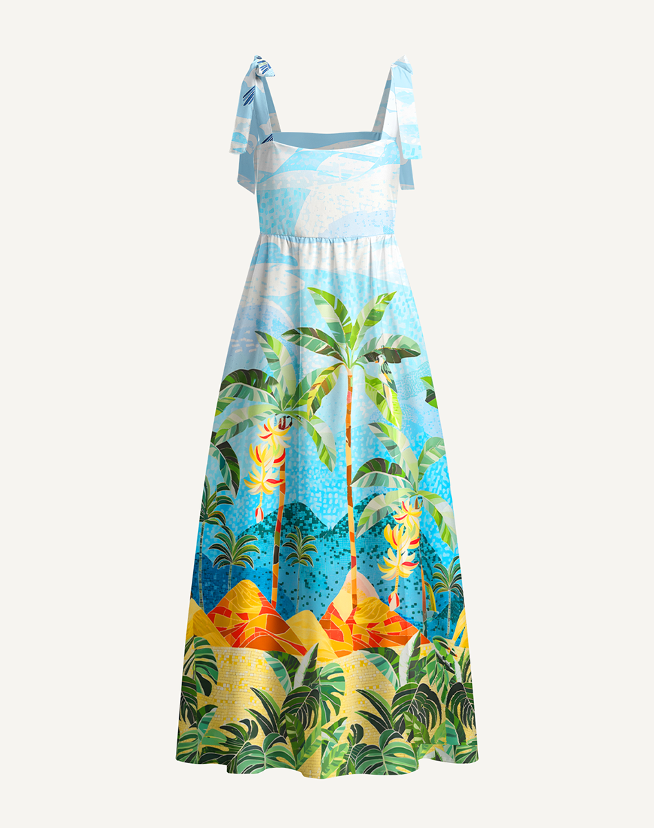 Rainforest Palm Tree Bow Strap Maxi Dress