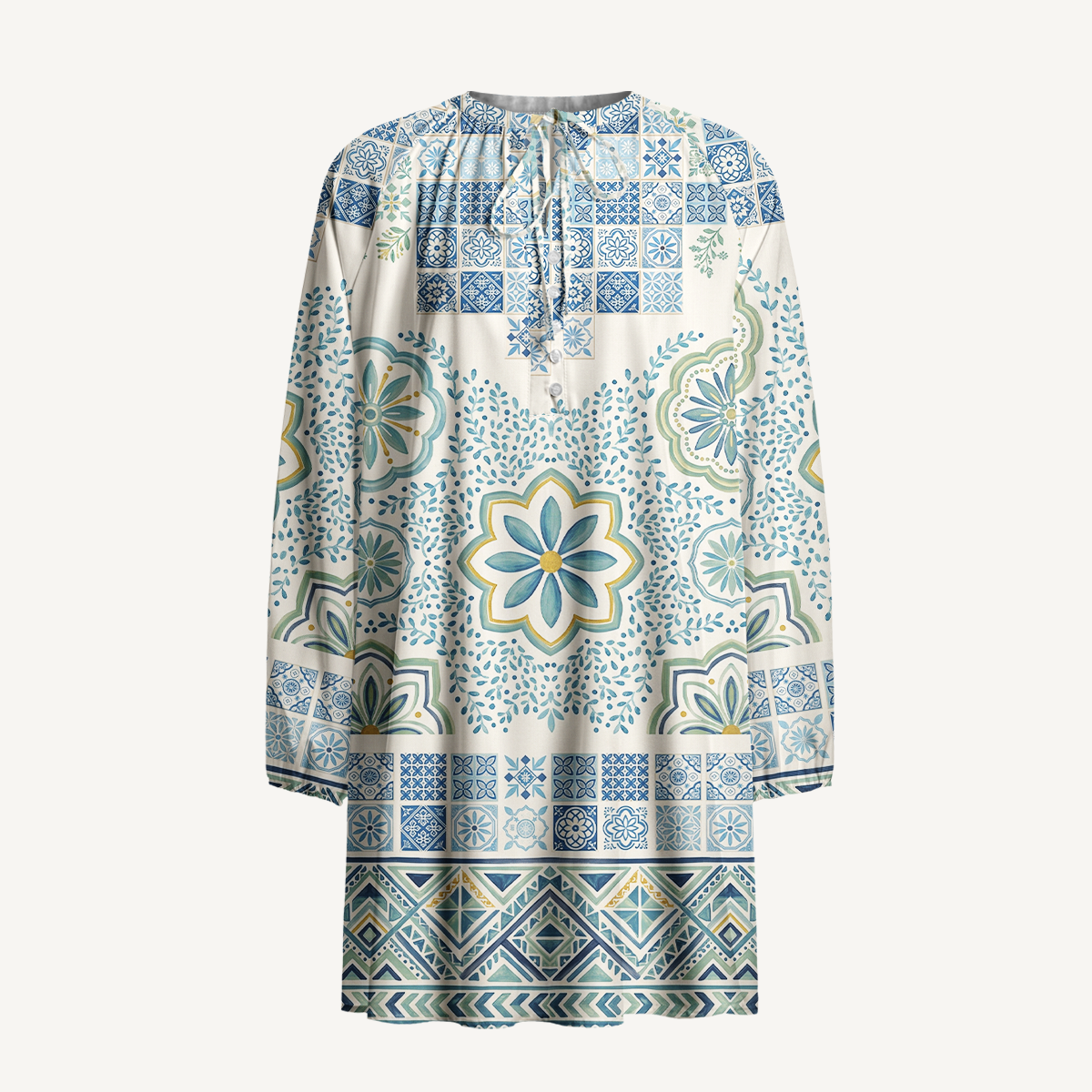 Mediterranean Mosaic Blooms Boho Long Sleeve Mini Dress