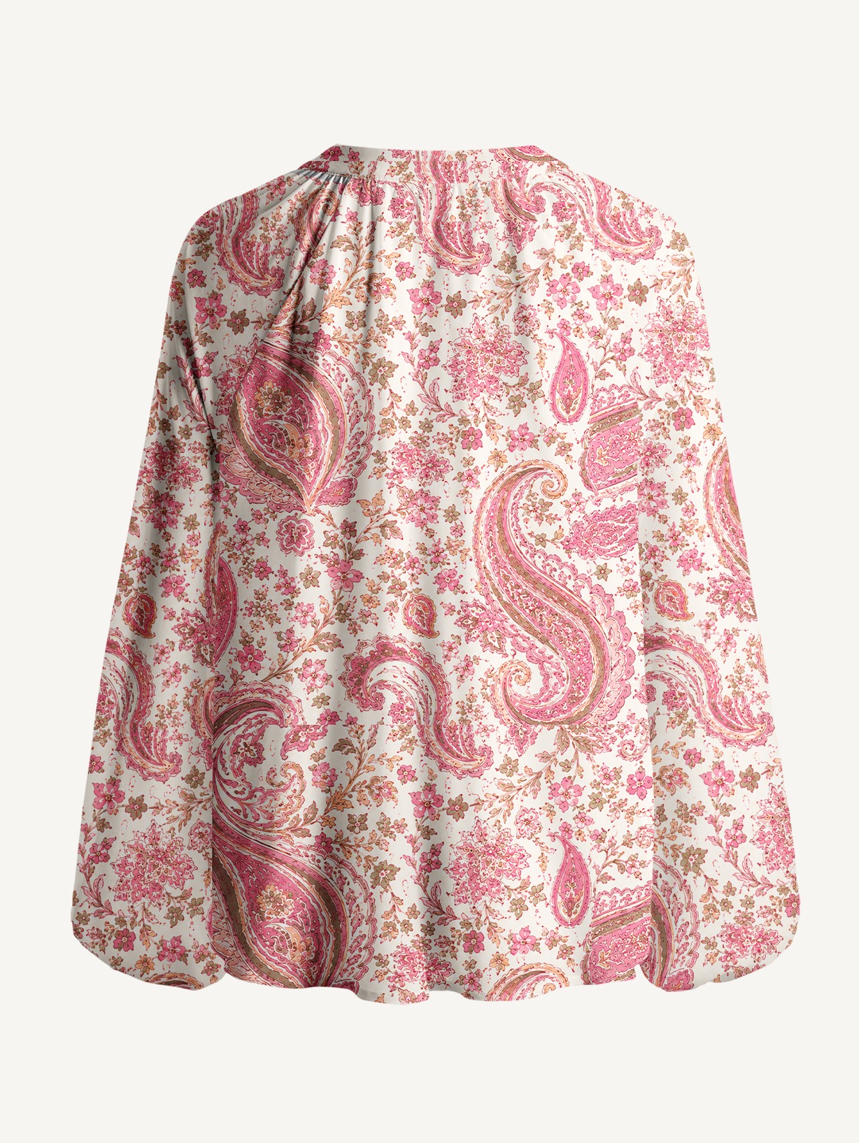 Blossom Pink Paisley Boho Long Sleeve Tie‑Neck Blouse