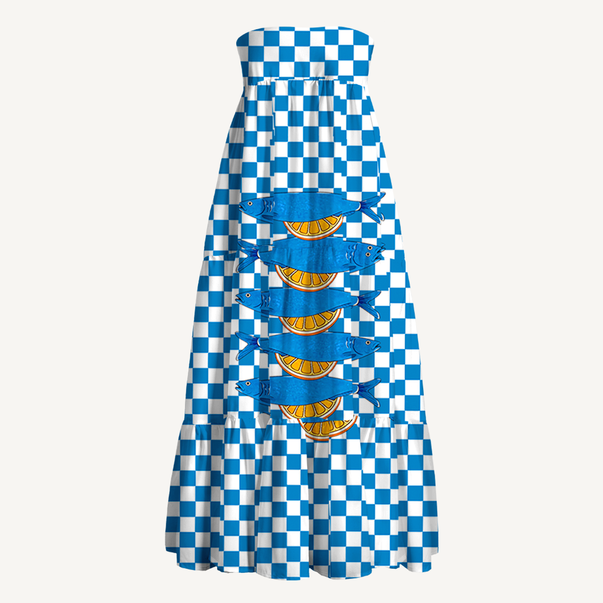 Blue Check Lemon Maxi Skirt & Strapless Dress  