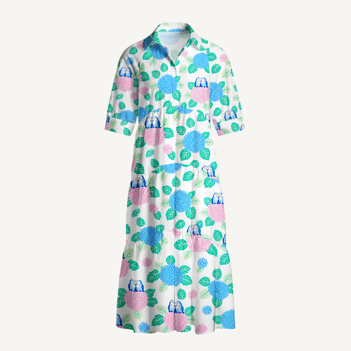 Hydrangea & Blue Bird Garden Elbow-Length Sleeve Midi Dress
