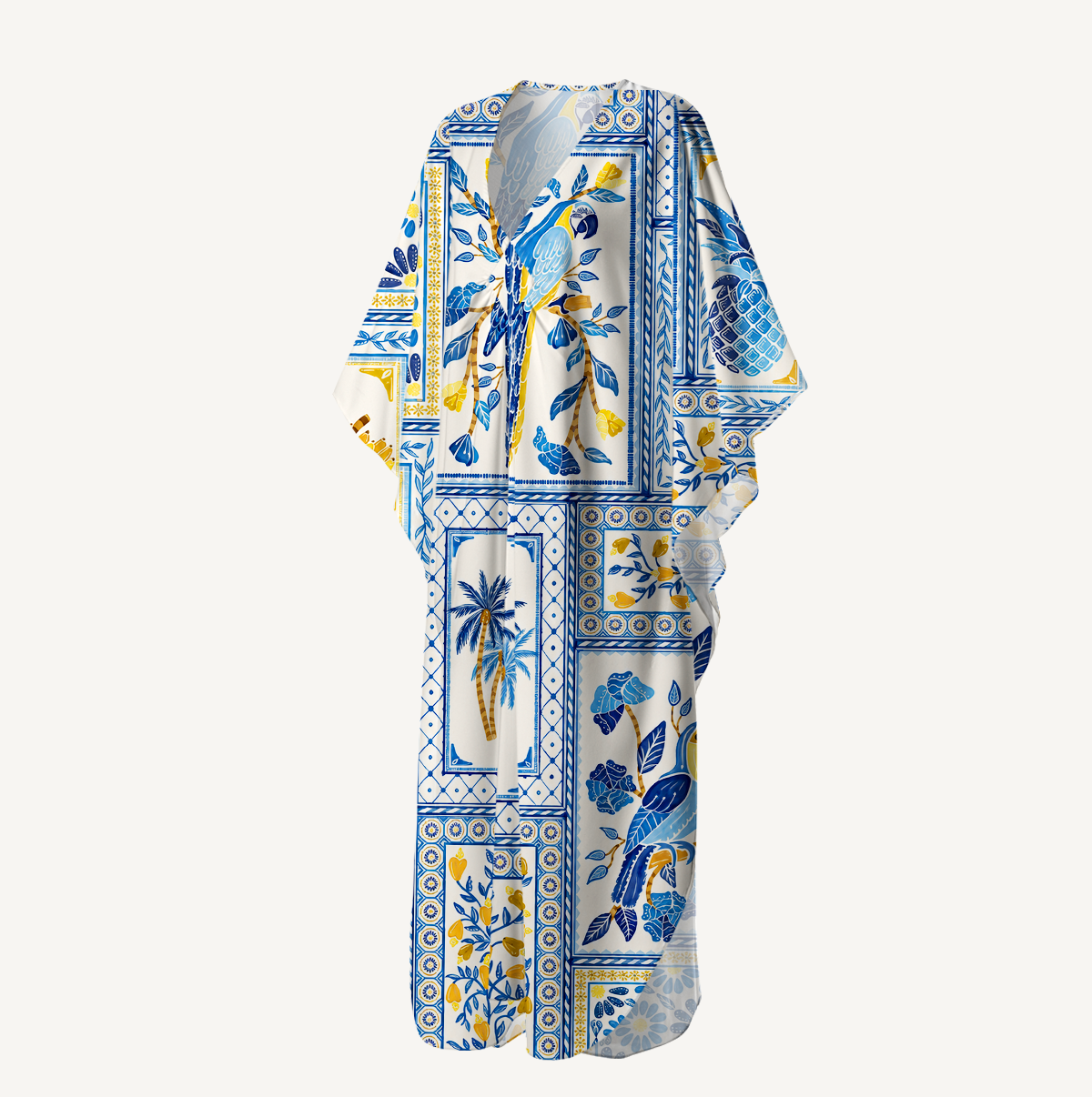 Blue Tropical Tile Kimono Sleeve Kaftan Dress
