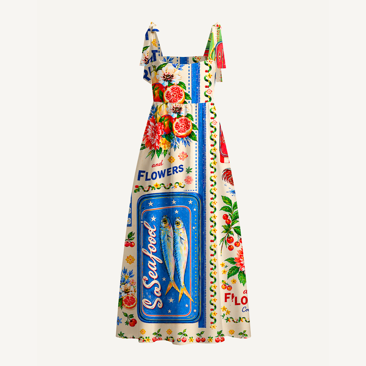 Fruits, Flowers & Fish Feast Bow Strap Maxi Dress
