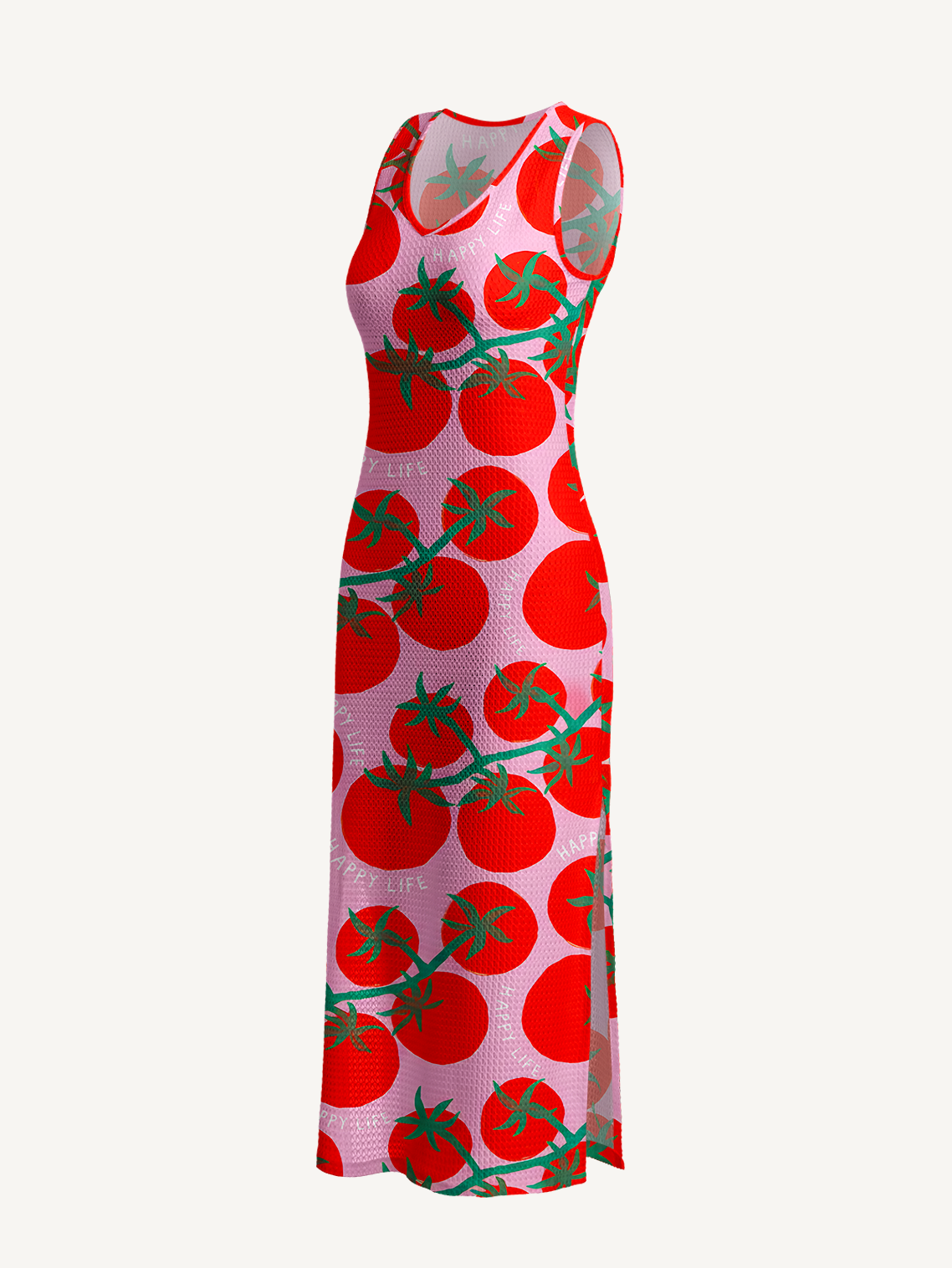 Tomato Garden Delight Printed Crochet Knit Midi Dress