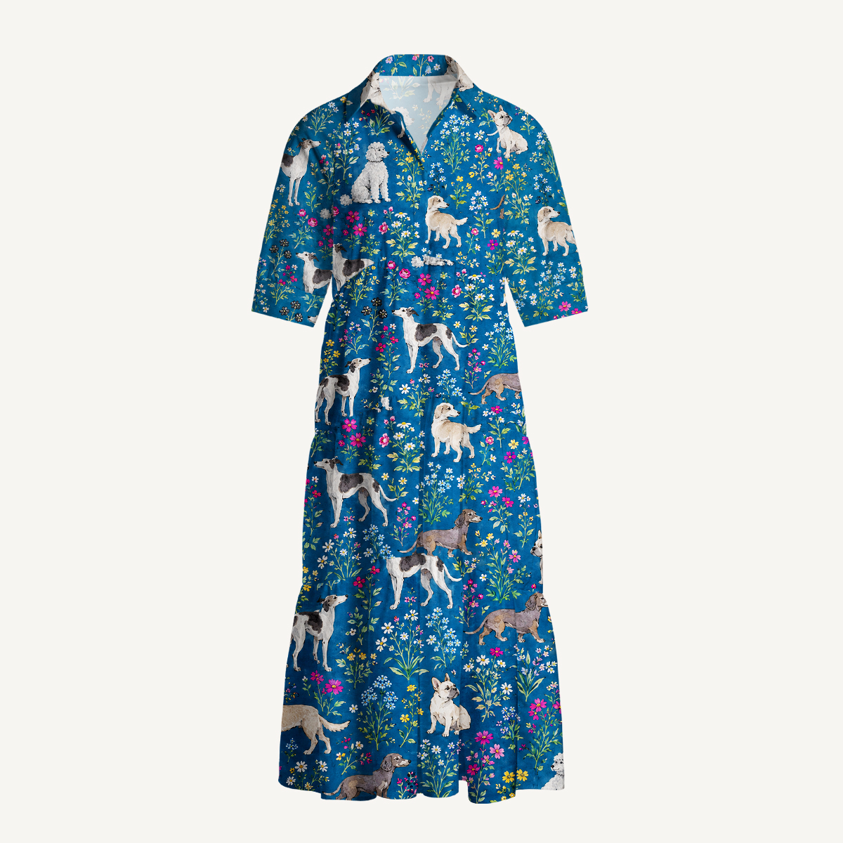 Dogs & Wildflowers Elbow-Length Sleeve Midi Dress