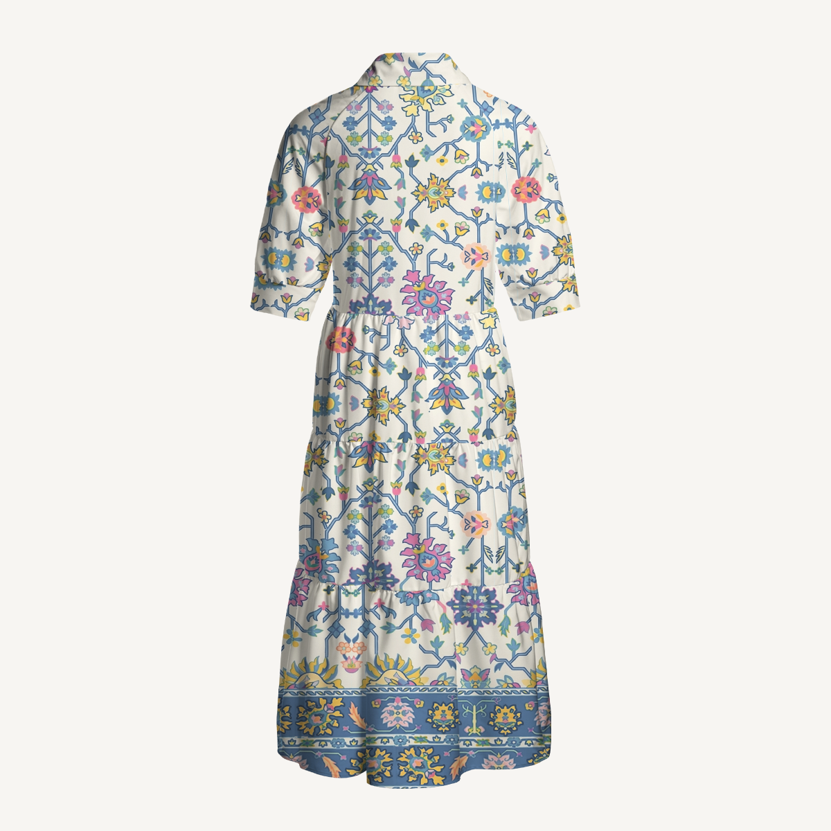 Blue Floral Lattice  Elbow-Length Sleeve Midi Dress For Women