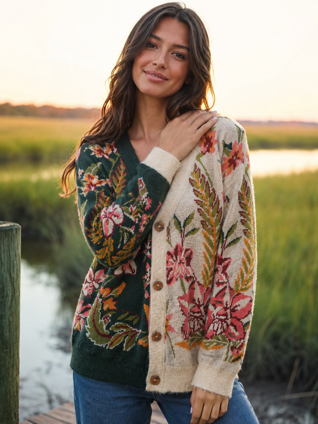 Forest Bloom Colorblock Floral Ugly Cardigan Sweaters