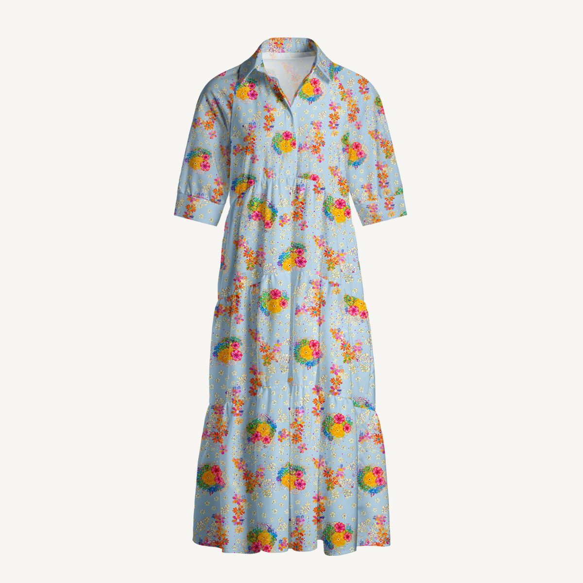 Sky Garden Blossoms Print Midi Dress For Women With Pockets