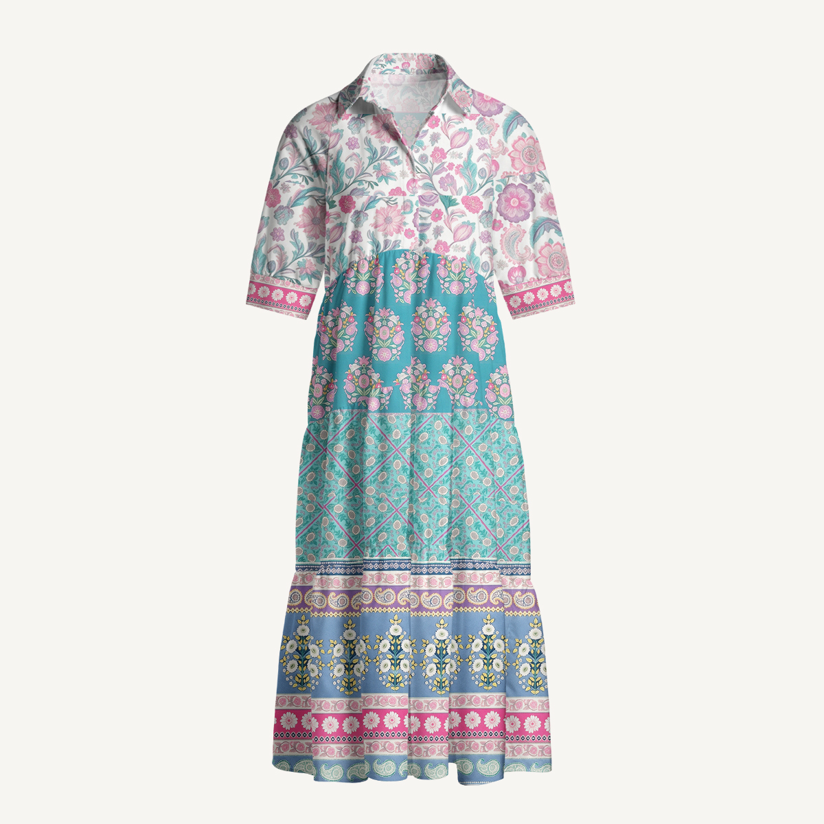 Pink Rose and Geometric Border Elbow-Length Sleeve Women Maxi Dress With Pockets