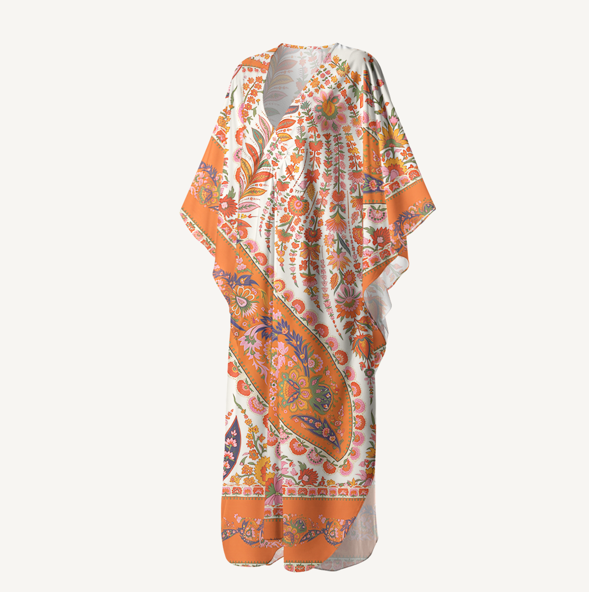 Coral Cascade Paisley Blossoms Soft Kaftan Maxi Dress