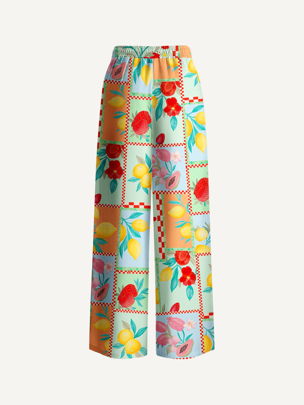Fruit Party Vacation Wide Leg Tie Waist Pants With Pockets