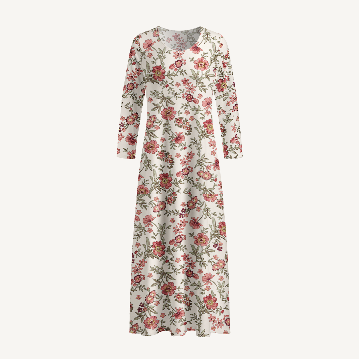 Pink Wildflower Meadow Print Soft-Touch Stretch Knit Long Sleeve Maxi Dress with Pockets