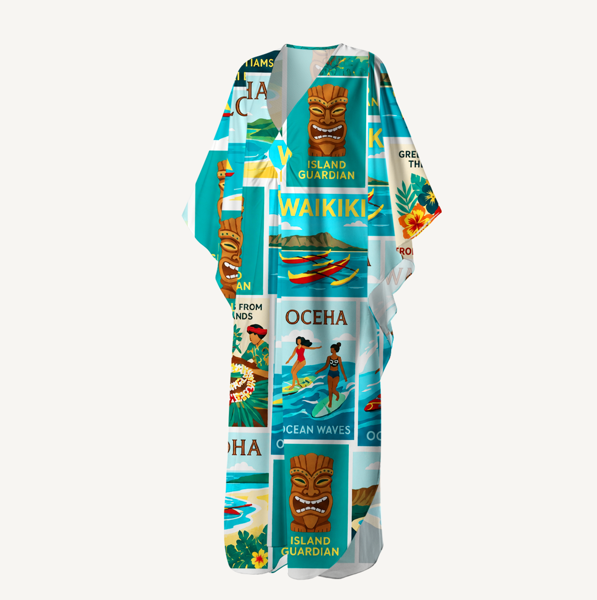 Hawaii Holiday Postcards Kimono Sleeve Kaftan Dress