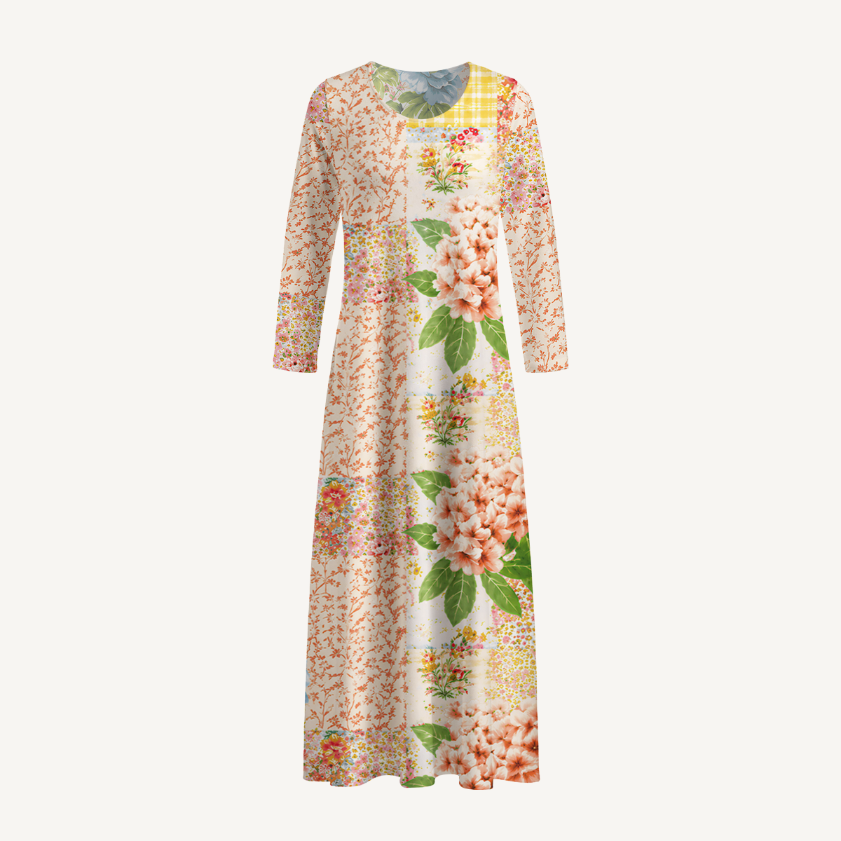 Vintage Cottage Garden Quilt Print Soft-Touch Stretch Knit Long Sleeve Maxi Dress with Pockets