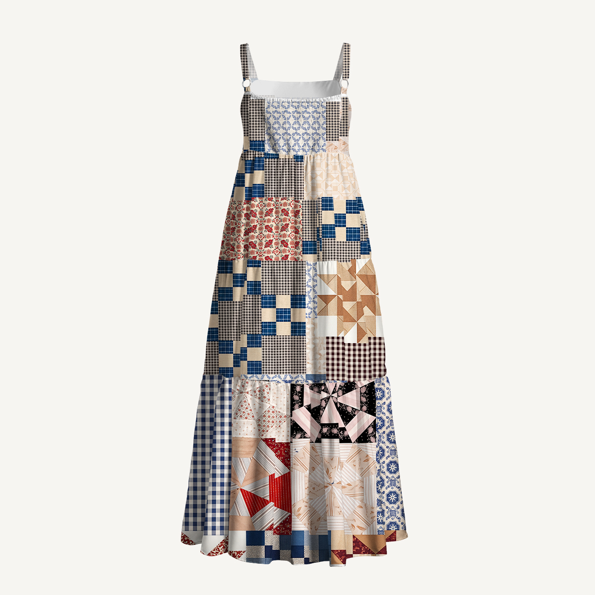 Country Cottage Patchwork Print Strap Maxi Dress With Pockets