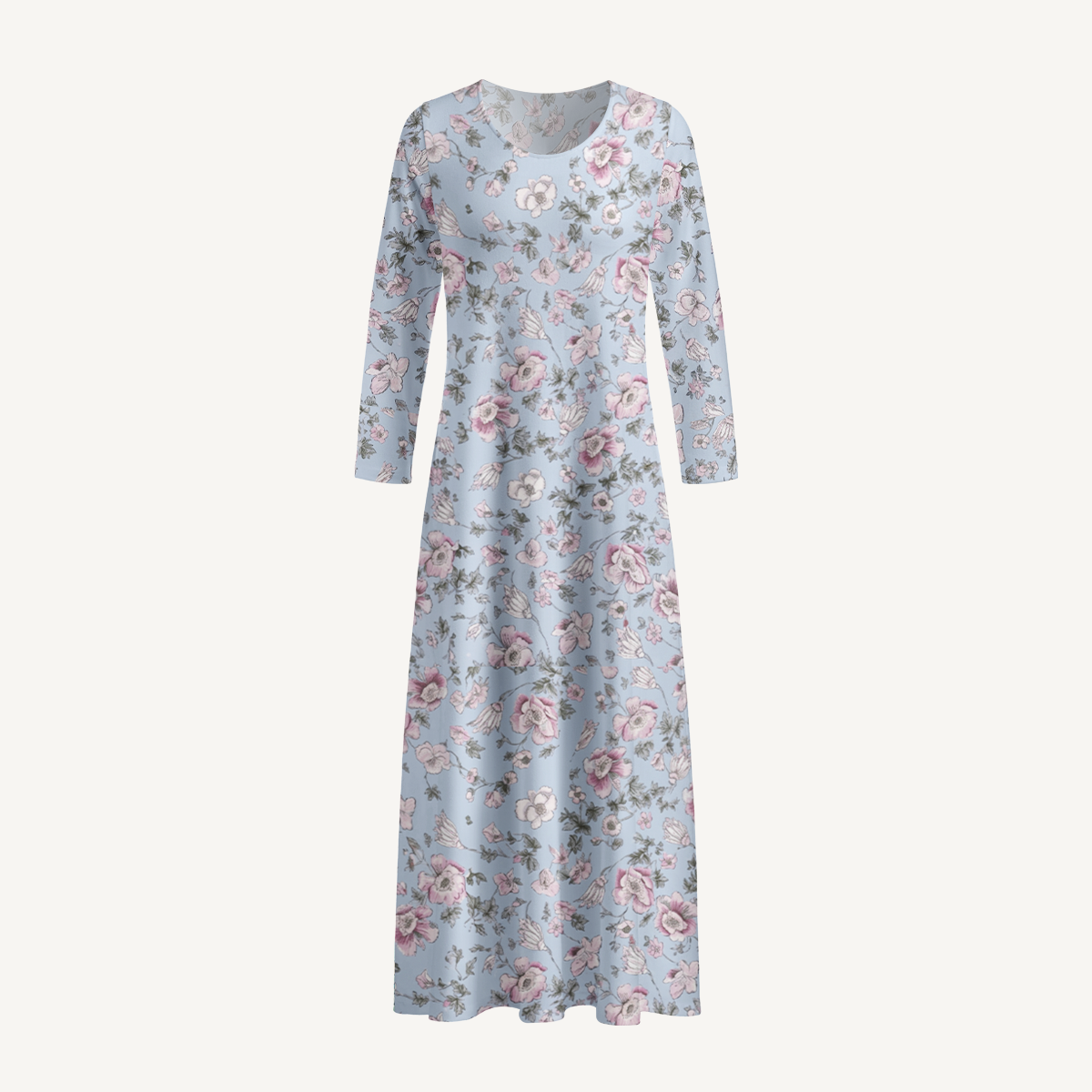 Blue Cherry Blossom Floral Print Soft-Touch Stretch Knit Long Sleeve Maxi Dress with Pockets