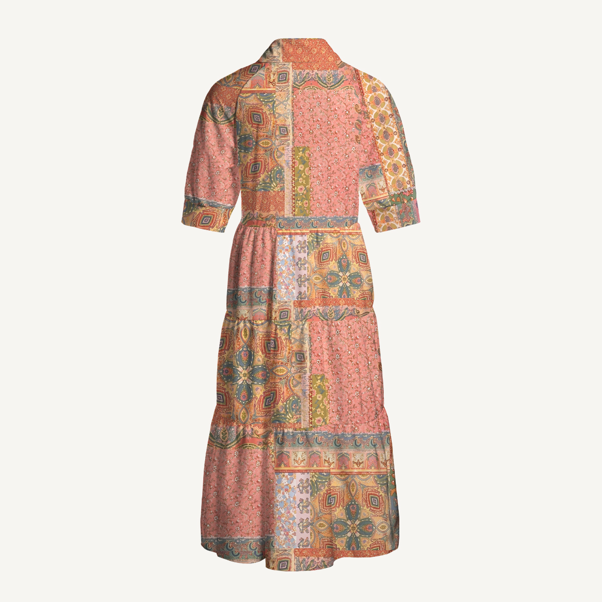 Vintage Ethnic Inspired Patchwork Elbow-Length Sleeve Midi Dress