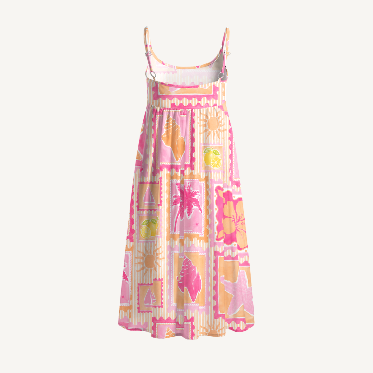Coral Beach Postcard Print Spaghetti Strap Mini Dress