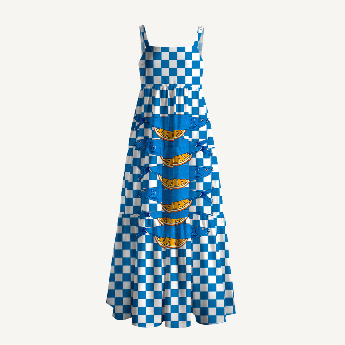 Blue Check Lemon Wide Straps Maxi Dress With Pockets