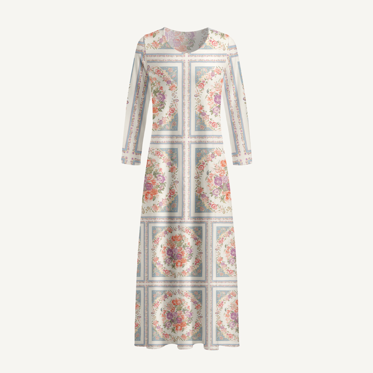 Floral Frame Tile Print Long Sleeve Maxi Dress with Pockets