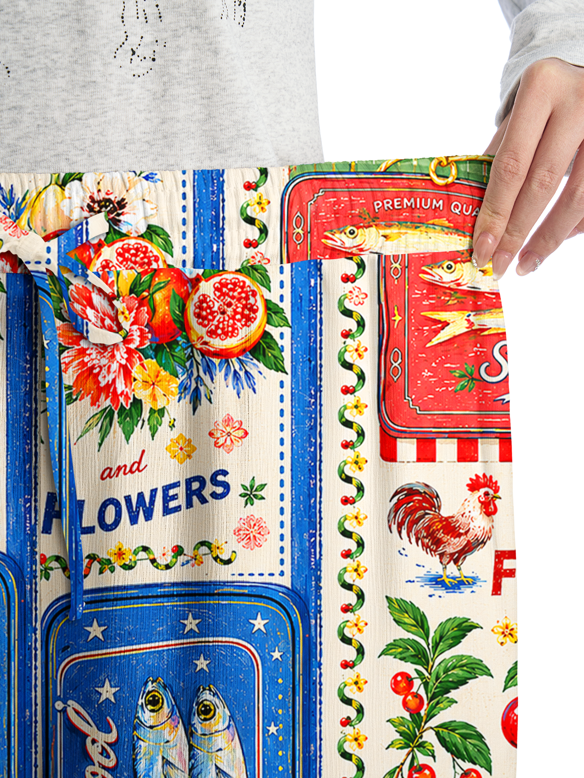 Fruits, Flowers & Fish Feast Wide Leg Tie Waist Pants With Pockets