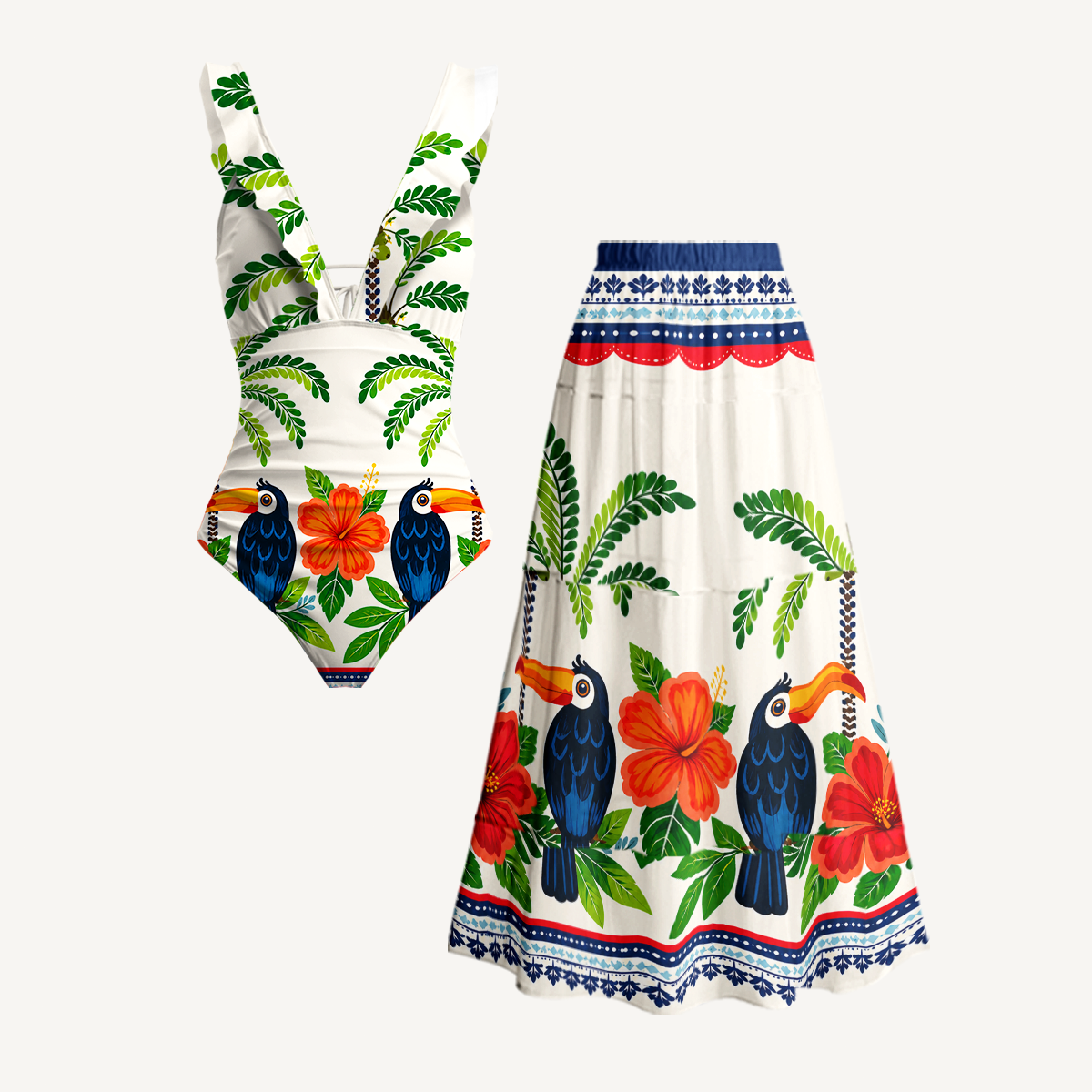 Vibrant Tropical Toucan Ruffled V Neck One Piece Swimsuit and Matching Midi Skirt Set