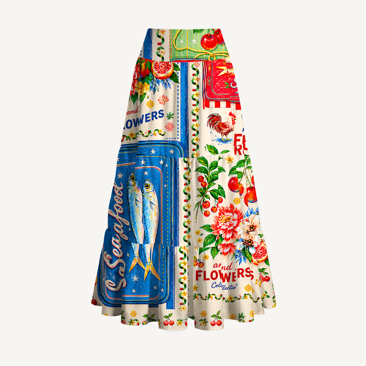 Fruits, Flowers & Fish Feast Print Maxi Skirt & Strapless Dress  