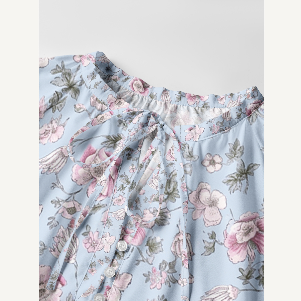 Blue Cherry Blossom Floral Tie‑Neck Long Sleeve Mini Dress