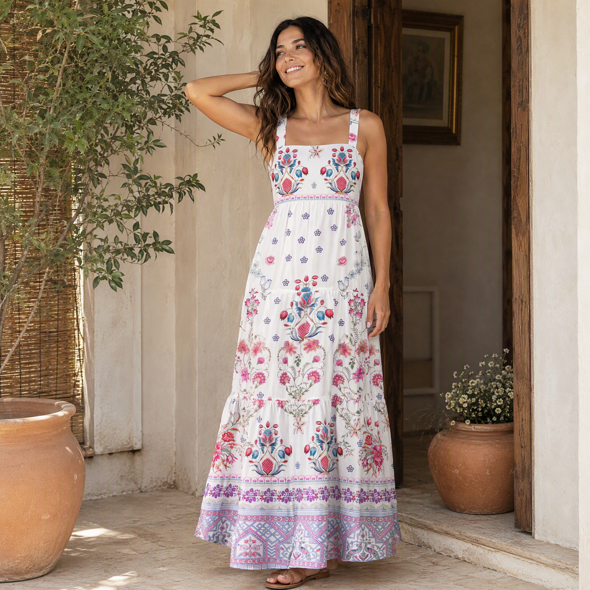 Boho Symmetric Floral Bouquet Border Pattern Strap Maxi Dress With Pockets