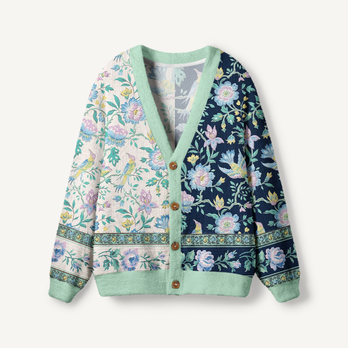 Boho Dual-Tone Birdsong Floral Pattern Ugly Cardigan Sweaters