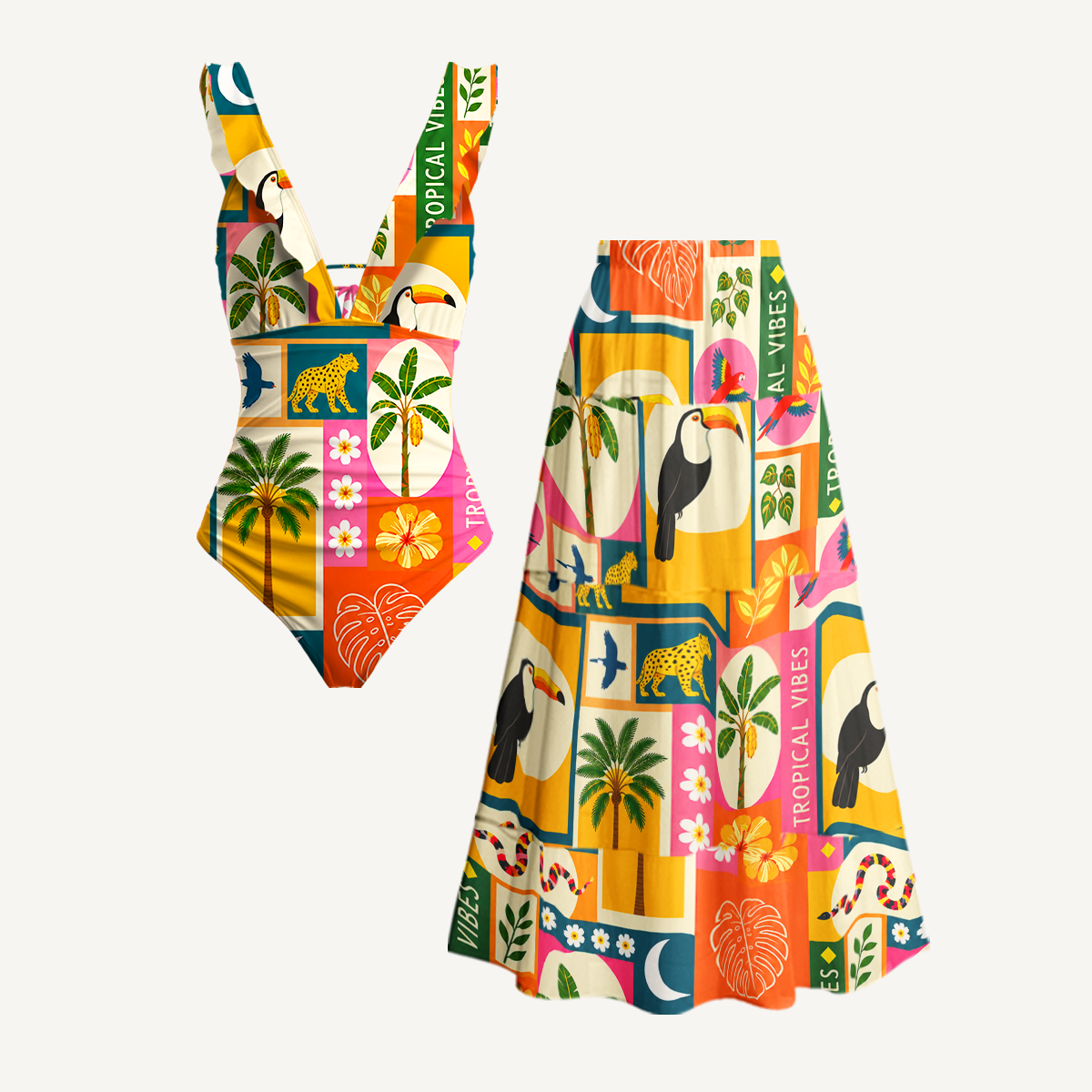 Tropical Patchwork Ruffled V Neck One Piece Swimsuit and Matching Midi Skirt Set