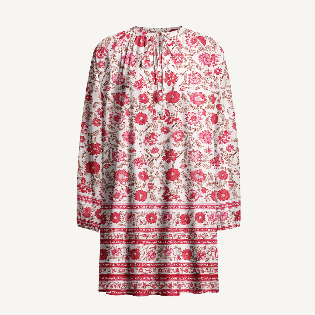 Vintage Crimson Garden Floral Tie‑Neck Long Sleeve Mini Dress