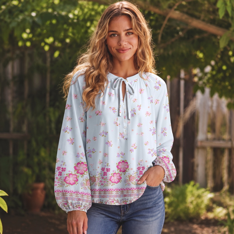 Pink Petal Cascade Pattern Boho Long Sleeve Tie‑Neck Blouse