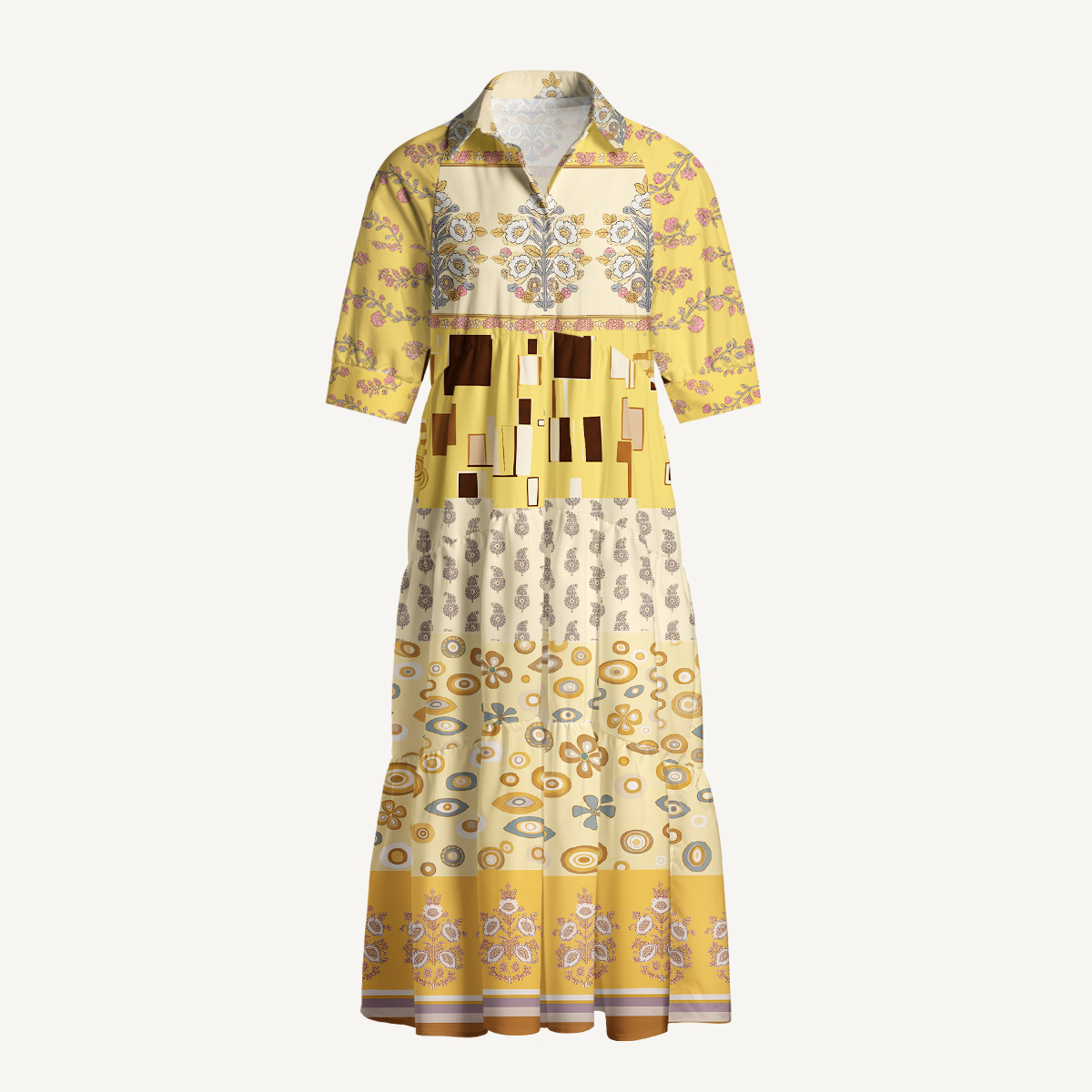 Tree of Life Eye Motif Patchwork Boho Midi Dress