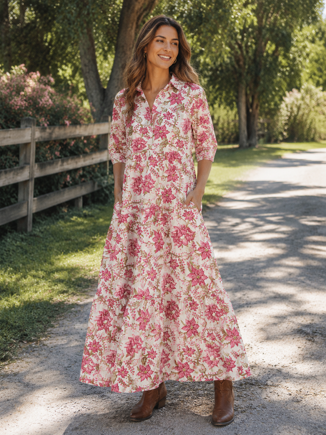 Blush Garden Bloom Print Midi Dress For Women With Pockets