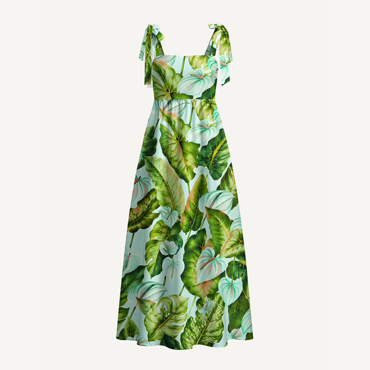 Tropical Rainforest Green Leaves Bow Strap Maxi Dress